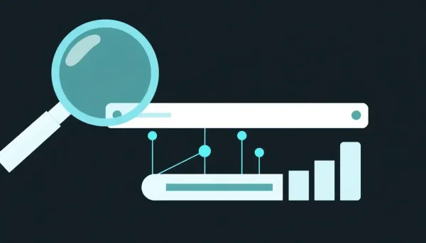 Technical SEO concepts illustration with magnifying glass and search nodes